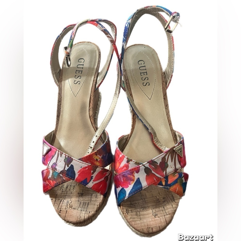 Guess Floral Sandals Cork Wedge Size 8.5